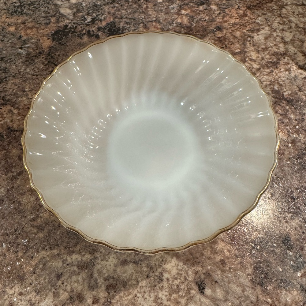 Vintage Anchor Hocking Fire-King Swirl Milk Glass Serving Bowl with a Gold Rim